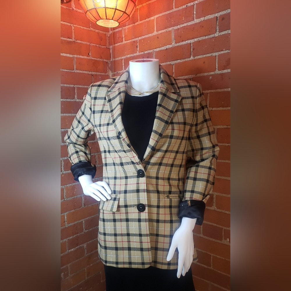 Beige Blazer With Red And Black Plaid Design- XXS